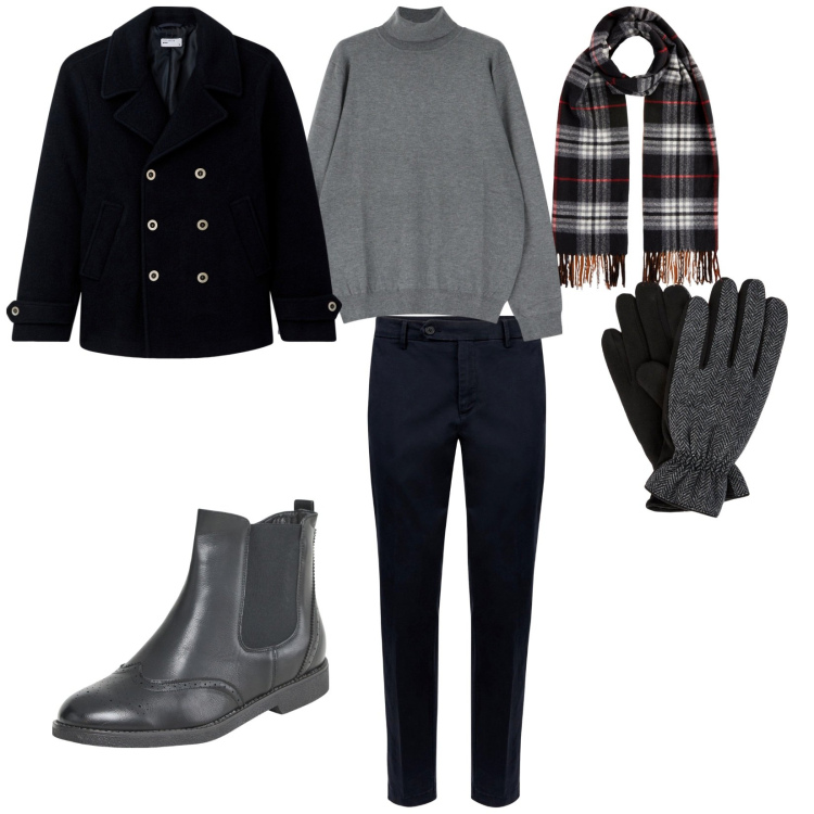 Outfit uomo - Un stile elegante. per Tutti i giorni. Abbinamento con stivali e stivaletti, cappotti, maglieria, pantaloni chino, guanti, sciarpe.