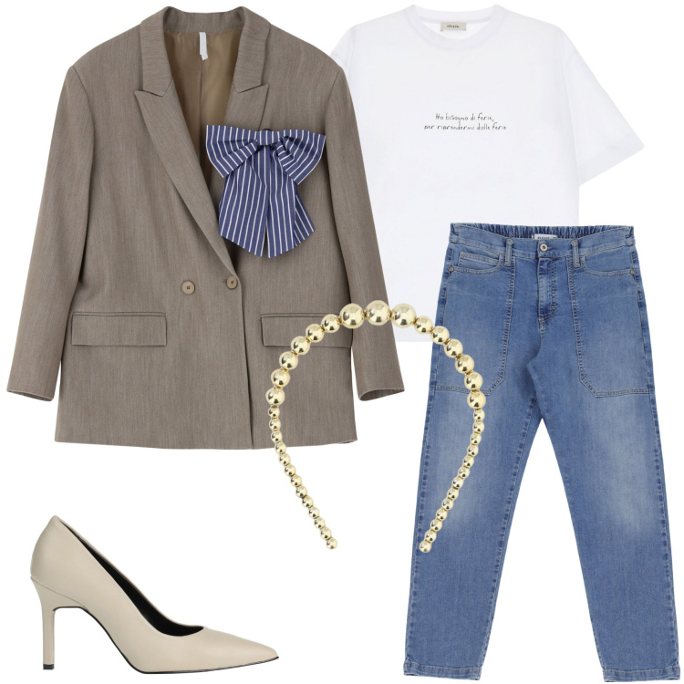 Outfit donna - Revival anni 90. Stile Casual chic per Serata fuori. Abbinamento con décolleté, jeans, blazer, t-shirt, cerchietti.
