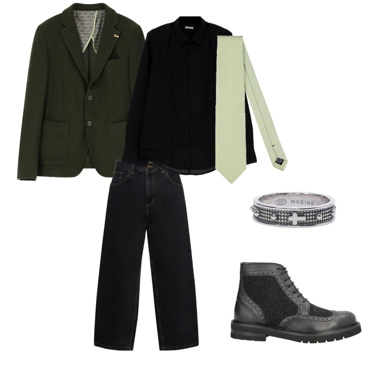 Outfit uomo - Dall\'ufficio a cena con te. per Serata speciale. Abbinamento con stivali e stivaletti, cravatte, anelli, camicie, giacche, jeans.