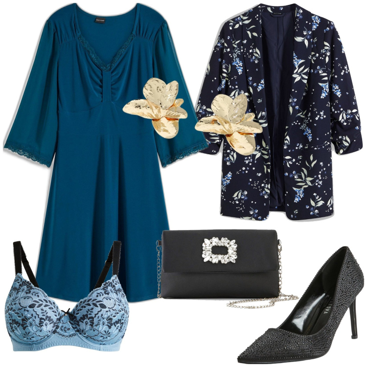 Outfit donna - Abito con pizzo. Stile Chic per Cerimonia. Abbinamento con reggiseni, vestiti, blazer, borse a tracolla, décolleté, orecchini.