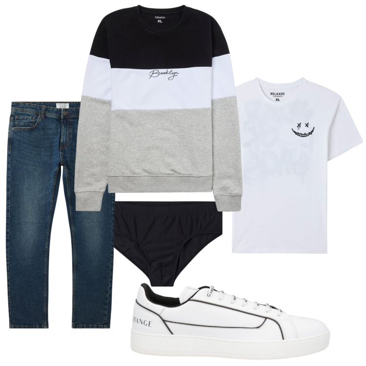 Outfit uomo - Total look #2044987. Stile Casual per Tutti i giorni. Abbinamento con sneakers, t-shirt, costumi, jeans, felpe.