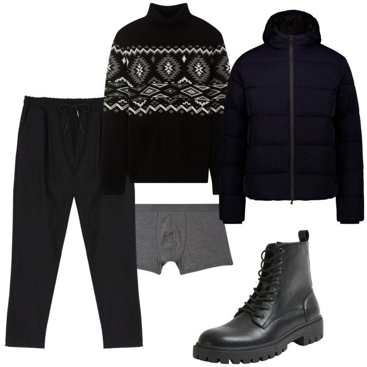 Outfit uomo - Total look #2044989. Stile Casual per Tutti i giorni. Abbinamento con maglieria, boxer, anfibi, pantaloni, piumini.
