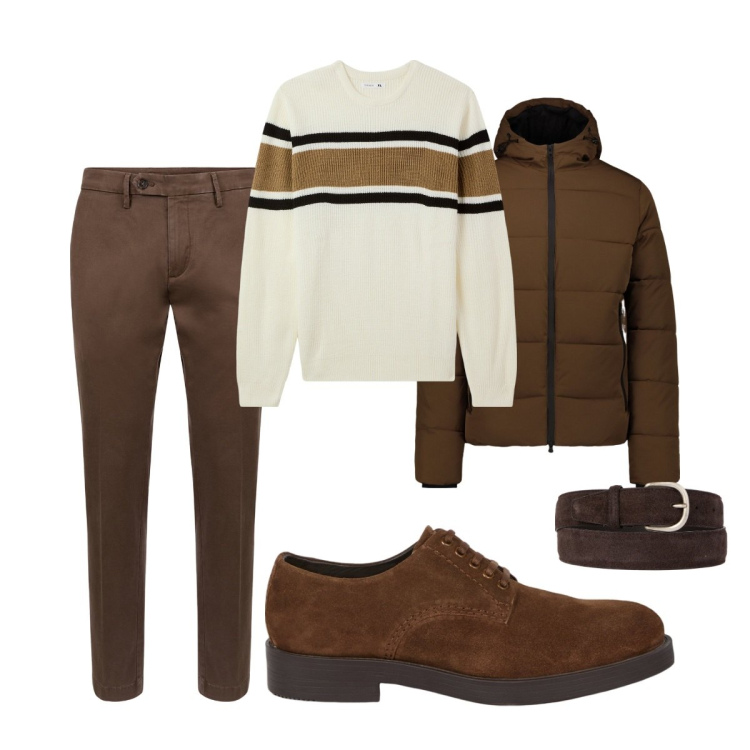 Outfit uomo - Total look #2044993. Stile Trendy per Tutti i giorni. Abbinamento con maglieria, cinture, piumini, pantaloni chino, scarpe stringate.