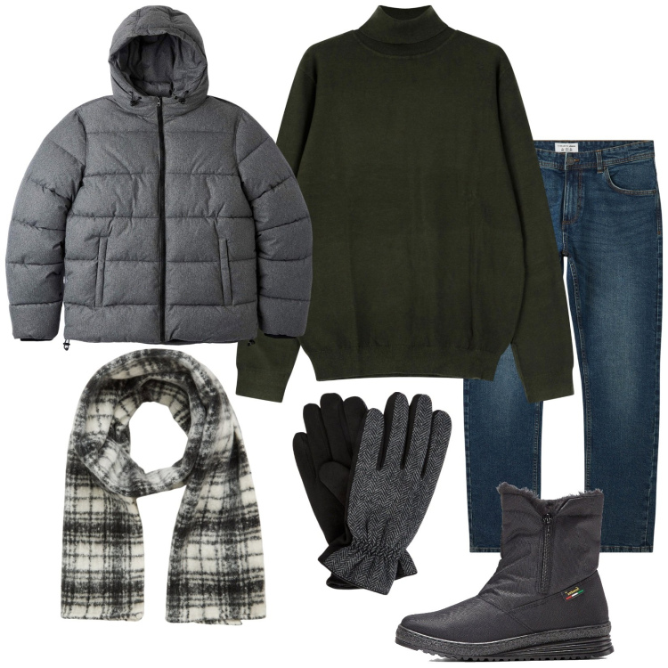 Outfit uomo - Total look #2044994. Stile Casual per Tutti i giorni. Abbinamento con stivali e stivaletti, jeans, piumini, sciarpe, maglieria, guanti.