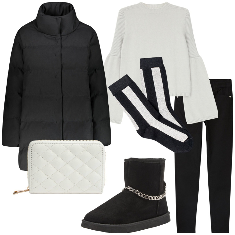 Outfit donna - Total look #2044995. Stile Casual per Tutti i giorni. Abbinamento con stivaletti, portafogli, pantaloni skinny, maglieria, piumini, collant.