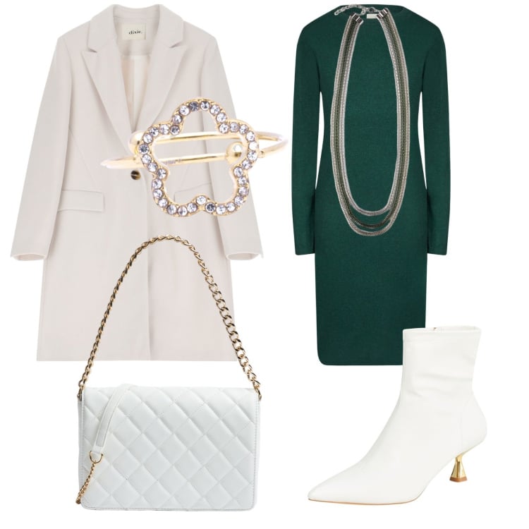 Outfit donna - Battesimo del mio cucciolo. Stile Chic per Cerimonia. Abbinamento con stivaletti, borse a tracolla, cappotti, anelli, vestiti midi/longuette, collane.