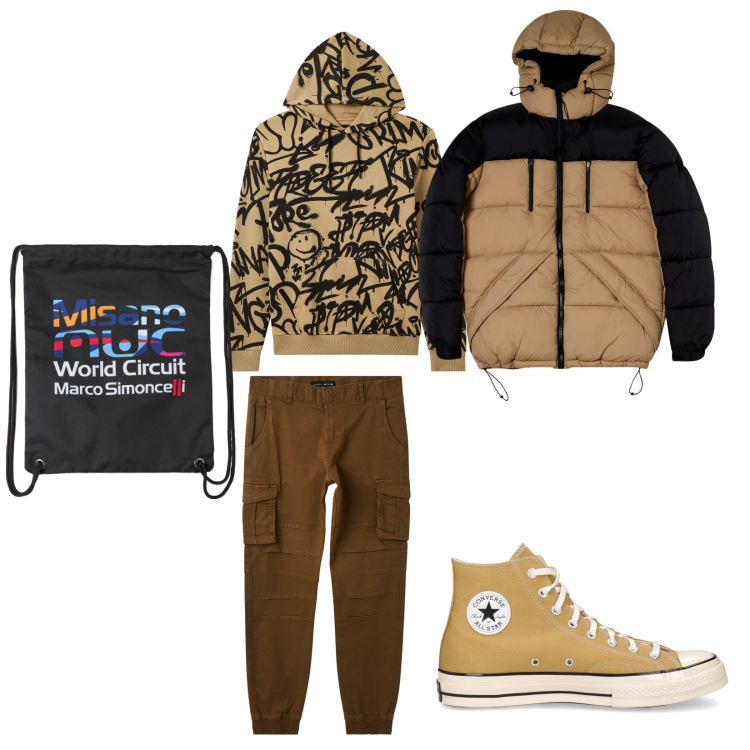 Outfit uomo - In forma. per Sport. Abbinamento con borse sportive, felpe con cappuccio, giacche sportive, pantaloni cargo, sneakers.