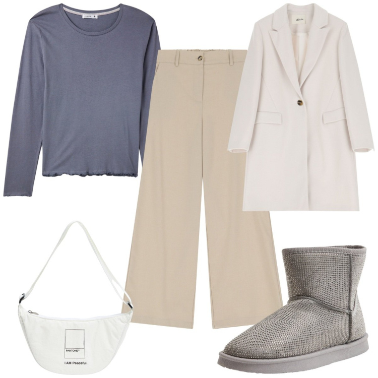 Outfit donna - Total look #2045009. Stile Trendy per Tutti i giorni. Abbinamento con marsupi, stivali, t-shirt, cappotti, pantaloni a palazzo.