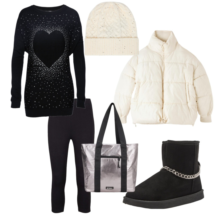 Outfit donna - Al caldo. per Tutti i giorni. Abbinamento con pullovers, leggings, stivaletti, piumini, shopping bag, cappelli.