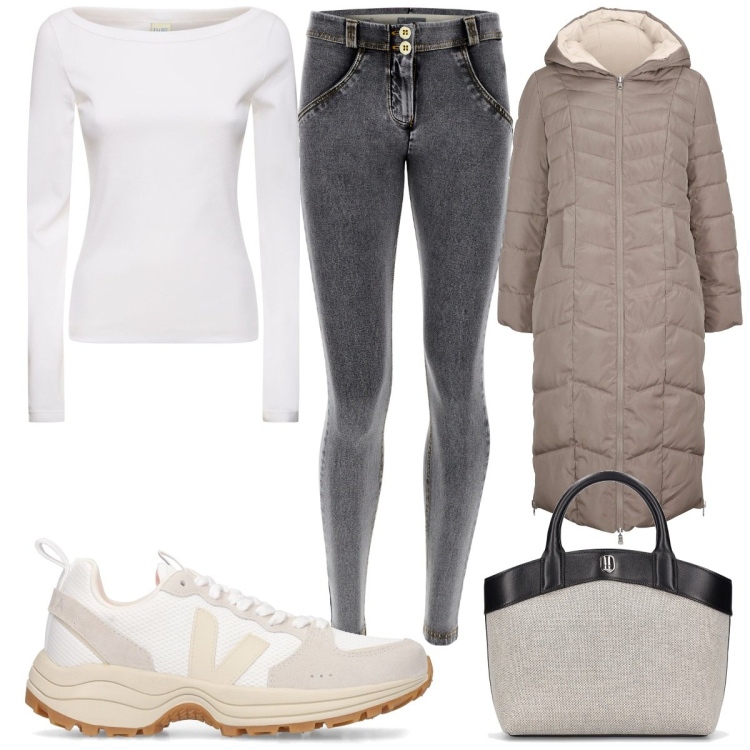 Outfit donna - Total look #2045013. Stile Casual per Tutti i giorni. Abbinamento con blazer, jeggings, borse a mano, sneakers, t-shirt.
