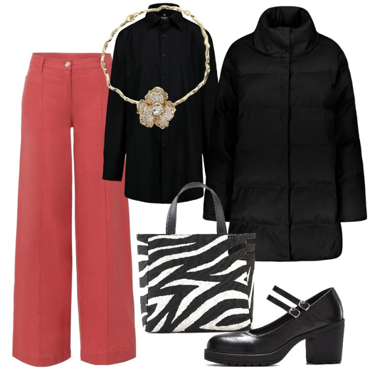 Outfit donna - Pantaloni a palazzo j\'adore. Stile Casual chic per Scuola/Università. Abbinamento con borse a mano, pantaloni a palazzo, décolleté, collane, cappotti, camicie.