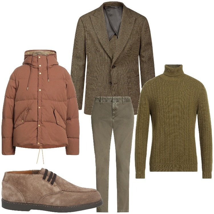 Outfit uomo - Pullover e giacca. Stile Business/Elegante per Ufficio. Abbinamento con pantaloni chino, maglieria, piumini, stivali e stivaletti, giacche.