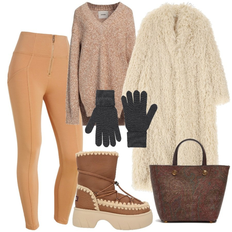 Outfit donna - Freddo non ti temo. Stile Basic per Tutti i giorni. Abbinamento con pullovers, stivaletti, guanti, cappotti, pantaloni skinny, shopping bag.