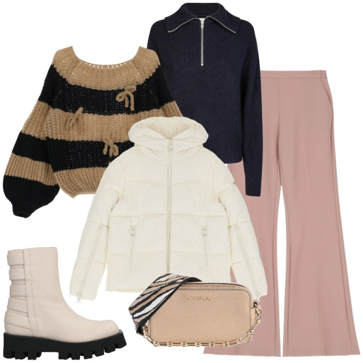Outfit donna - Freddo non ti temo. Stile Minimal per Tutti i giorni. Abbinamento con stivaletti, borse a tracolla, pantaloni, maglieria, piumini, polo.