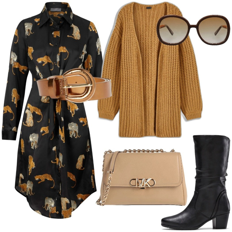 Outfit donna - Lo chemisier stampa giungla. Stile Urban per Tutti i giorni. Abbinamento con vestiti chemisier, stivali, cardigans, borse a tracolla, occhiali da sole, cinture.