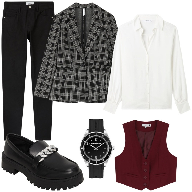 Outfit donna - Giacca e gilet per l\'ufficio. Stile Urban per Ufficio. Abbinamento con pantaloni skinny, camicie, mocassini, gilet, blazer, orologi.