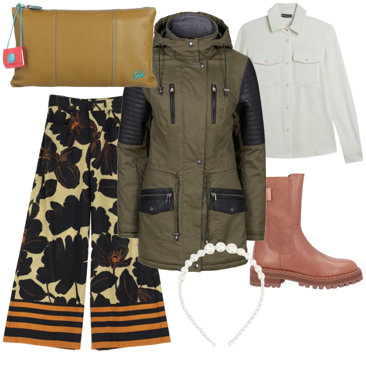 Outfit donna - Total look. Stile Trendy per Tutti i giorni. Abbinamento con parka, stivaletti, borse a mano, camicie, cerchietti, pantaloni a palazzo.
