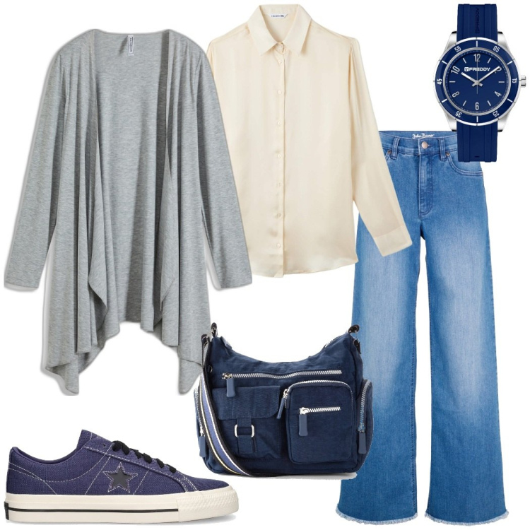 Outfit donna - Tempo libero. Stile Casual per Tutti i giorni. Abbinamento con borse a tracolla, jeans, cardigans, camicie, orologi, sneakers.