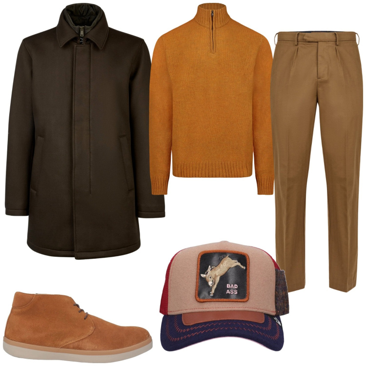 Outfit uomo - Accessori invernali. Stile Trendy per Ufficio. Abbinamento con stivali e stivaletti, cappotti, maglieria, pantaloni, cappelli con visiera.