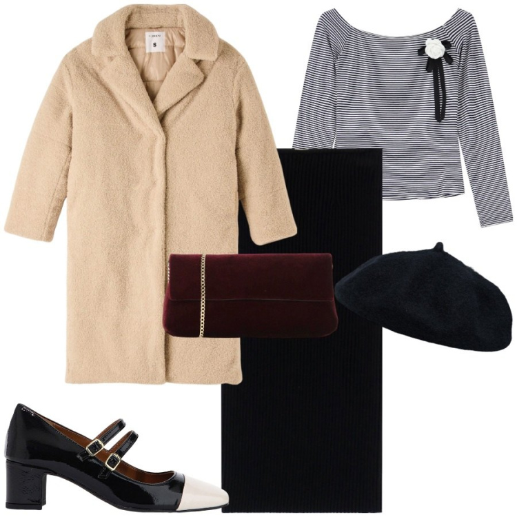 Outfit donna - Allure parigino. Stile Etnico per Serata fuori. Abbinamento con cappotti, pullovers, décolleté, pochette, gonne, cappelli e berretti.