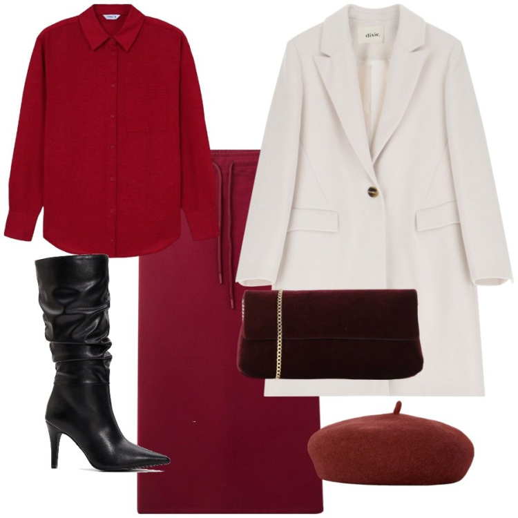 Outfit donna - Allure parigino. Stile Chic per Ufficio. Abbinamento con stivali, camicie, gonne, cappotti, pochette, cappelli e berretti.