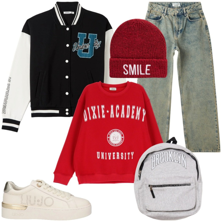 Outfit donna - Rientro a scuola. Stile Preppy per Scuola/Università. Abbinamento con sneakers, borse sportive, bomber, jeans, berretti, felpe.