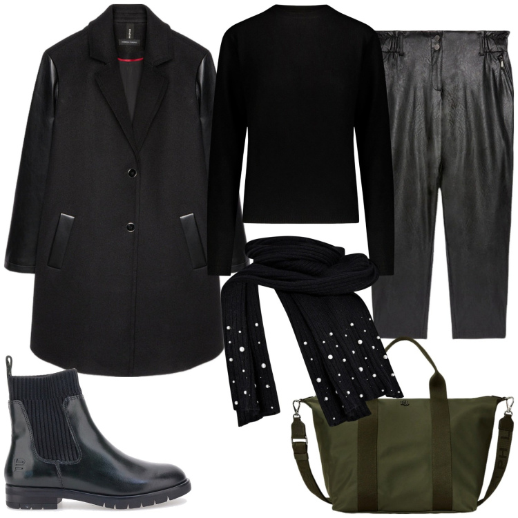 Outfit donna - Cappotto e sciarpa. Stile Trendy per Serata fuori. Abbinamento con sciarpe, borse tote, stivaletti, maglieria, pantaloni, cappotti.
