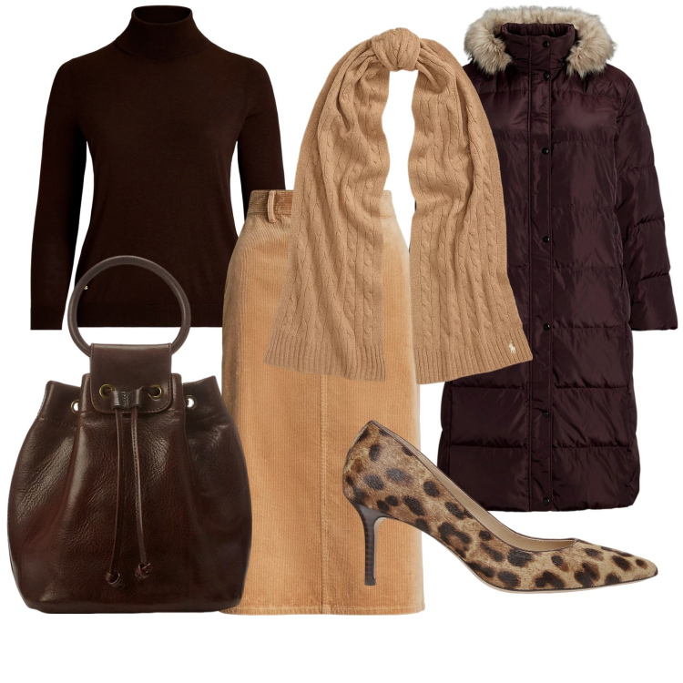 Outfit donna - Convegni del venerdi. Stile Casual chic per Ufficio. Abbinamento con sciarpe, borse a secchiello, maglieria, décolleté, gonne, piumini.
