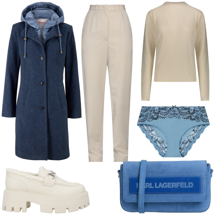 Outfit donna - Freddo non ti temo. Stile Casual per Ufficio. Abbinamento con cappotti, culotte, pantaloni, mocassini, borse a tracolla, pullovers.