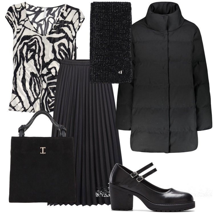 Outfit donna - La Mary Jane. Stile Urban per Ufficio. Abbinamento con décolleté, top, shopping bag, sciarpe, piumini, gonne longuette.