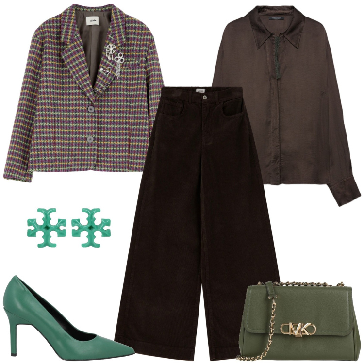 Outfit donna - Sottobosco inspired: Pantaloni palazzo. Stile Casual chic per Serata fuori. Abbinamento con décolleté, borse a tracolla, orecchini, pantaloni a palazzo, blazer, camicie.