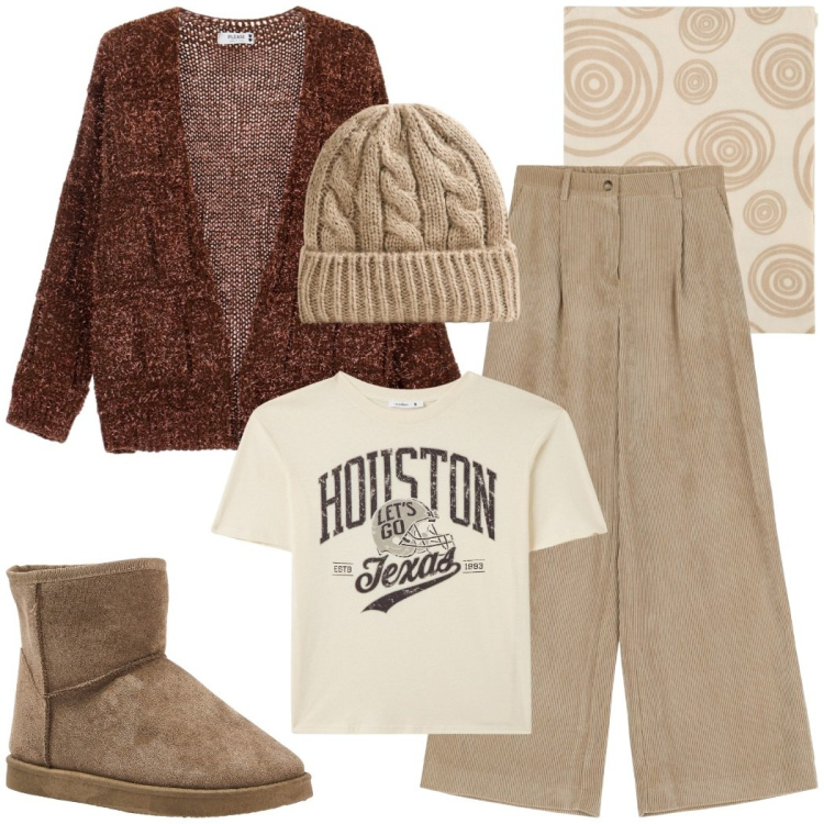 Outfit donna - Relax time. Stile Casual chic per Tutti i giorni. Abbinamento con t-shirt, berretti, stivaletti, cardigans, foulard, pantaloni a palazzo.