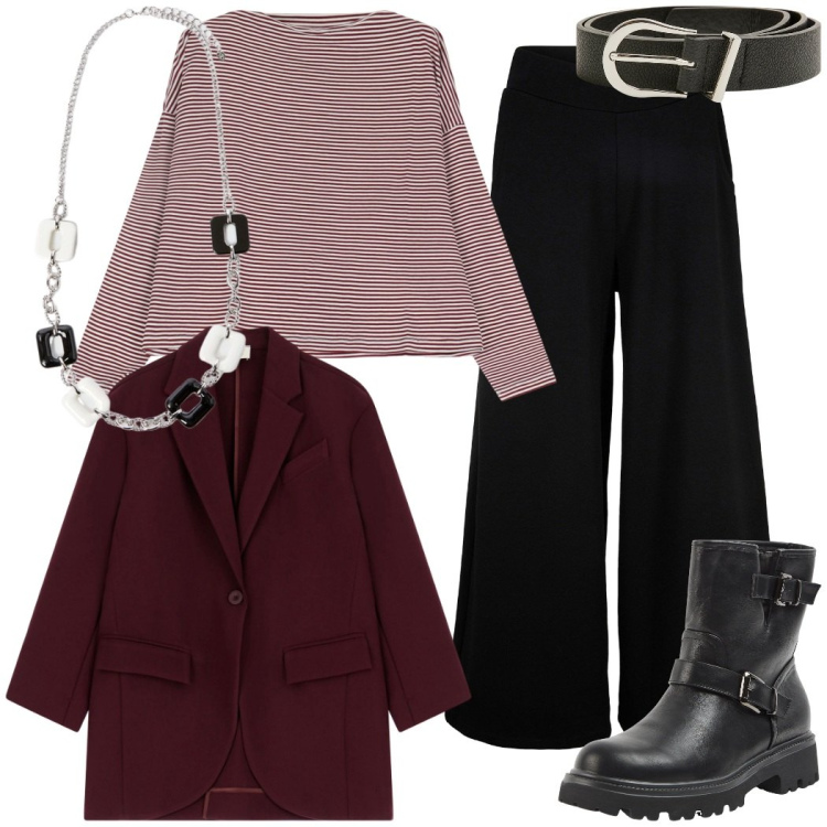 Outfit donna - La giacca bordeaux. Stile Urban per Ufficio. Abbinamento con pantaloni culotte, stivaletti, cinture, maglieria, blazer, collane.