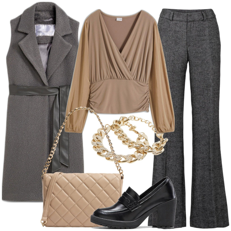 Outfit donna - Trend: pantaloni palazzo & gilet. Stile Trendy per Ufficio. Abbinamento con pantaloni a palazzo, maglieria, gilet, mocassini, braccialetti, borse a tracolla.