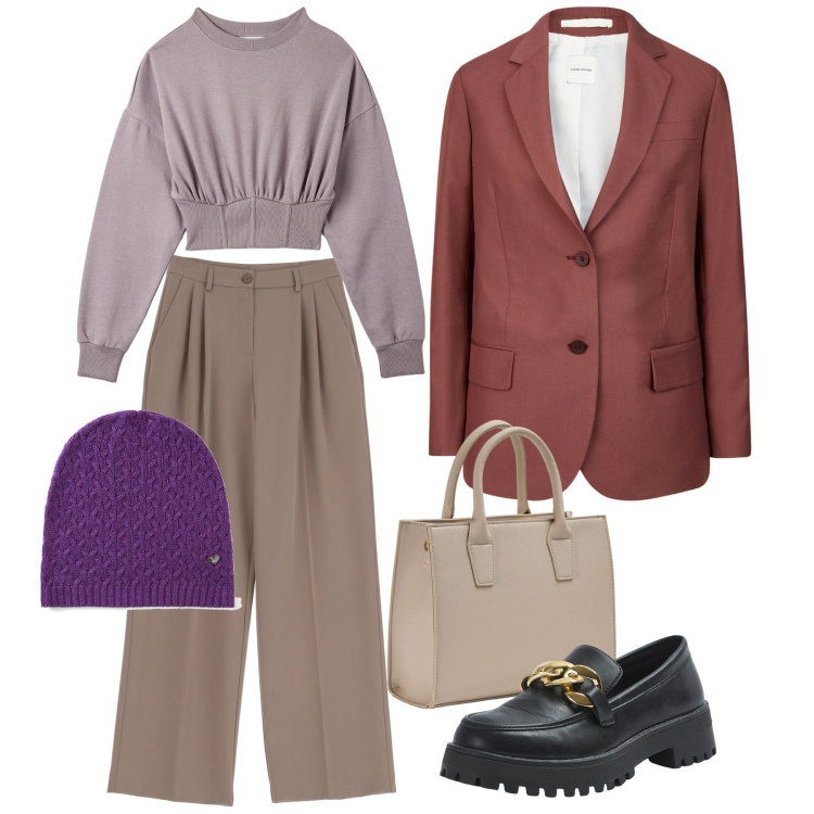 Outfit donna - Pinces e felpa. Stile Bon Ton per Tutti i giorni. Abbinamento con berretti, shopping bag, felpe, mocassini, pantaloni, blazer.