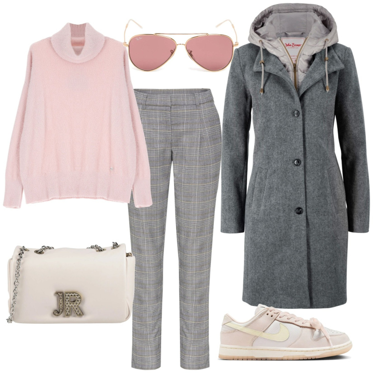 Outfit donna - Inverno rosé. Stile Casual per Scuola/Università. Abbinamento con cappotti, pantaloni, borse a tracolla, maglieria, sneakers, occhiali da sole.
