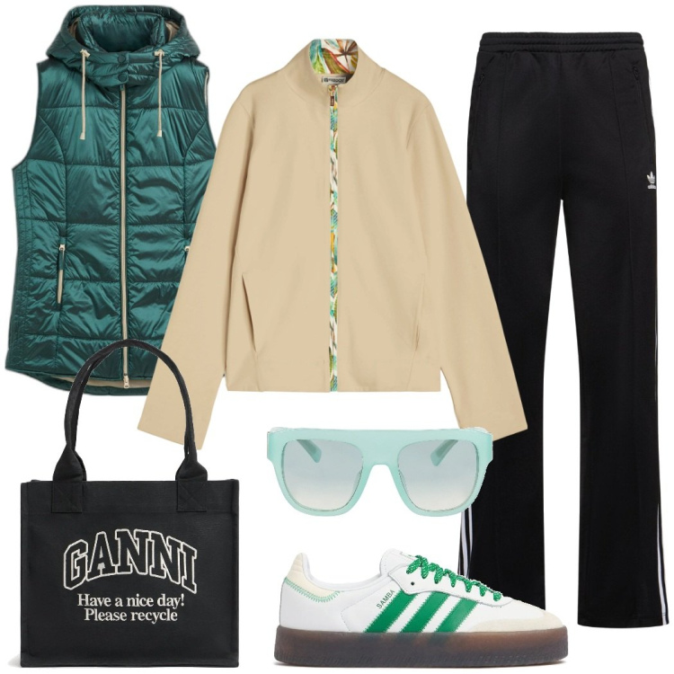 Outfit donna - Sportiva. Stile Casual per Tutti i giorni. Abbinamento con gilet, occhiali da sole, felpe, pantaloni sportivi, shopping bag, sneakers.