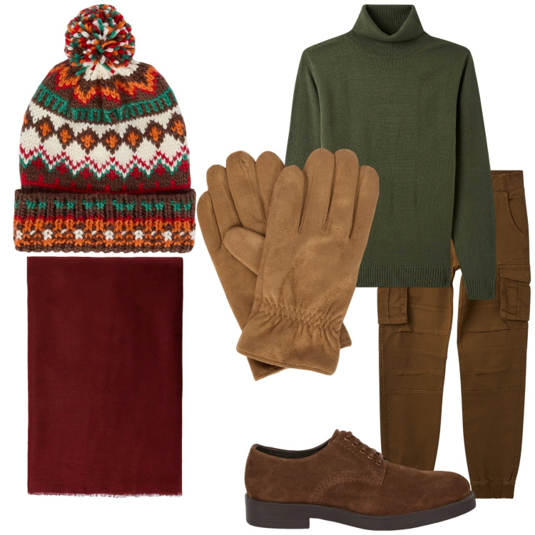 Outfit uomo - I fondamentali. Stile Trendy per Tutti i giorni. Abbinamento con pantaloni cargo, maglieria, sciarpe, berretti, guanti, scarpe stringate.
