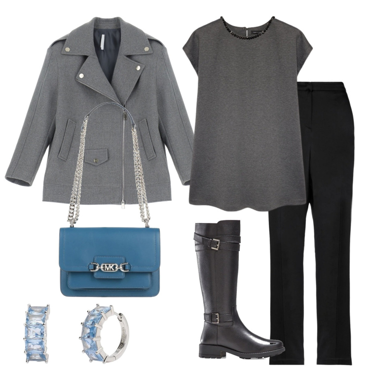 Outfit donna - Colori freddi. Stile Military per Ufficio. Abbinamento con stivali, borse a spalla, pantaloni, orecchini, blazer, vestiti corti.