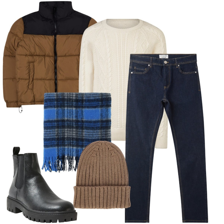 Outfit uomo - Accessori invernali. Stile Urban per Tutti i giorni. Abbinamento con jeans skinny, stivali e stivaletti, giacche, sciarpe, berretti, maglieria.