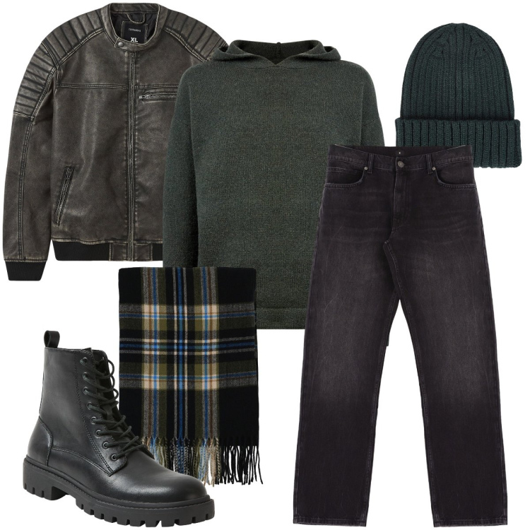 Outfit uomo - Gli accessori giusti per il freddo. Stile Biker Rock per Serata speciale. Abbinamento con giacche, anfibi, sciarpe, jeans dritti, maglieria, berretti.
