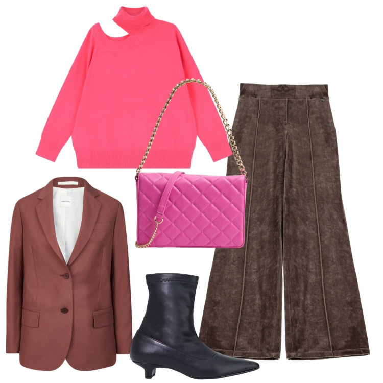 Outfit donna - Colori vivaci. Stile Urban per Tutti i giorni. Abbinamento con borse a tracolla, stivaletti, maglieria, pantaloni a palazzo, blazer.