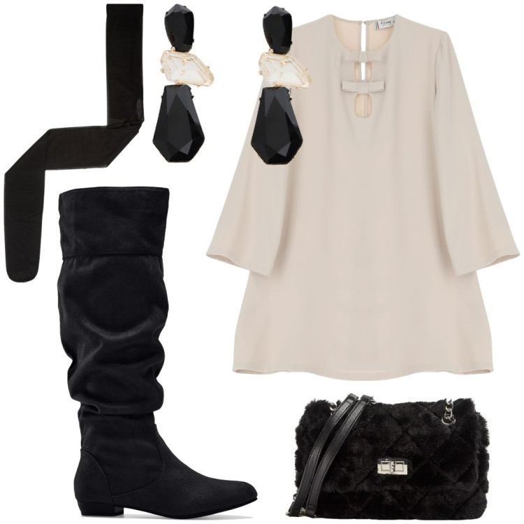 Outfit donna - Il mini abito color beige. Stile Urban per Serata fuori. Abbinamento con stivali, borse a spalla, collant, vestiti corti, orecchini.