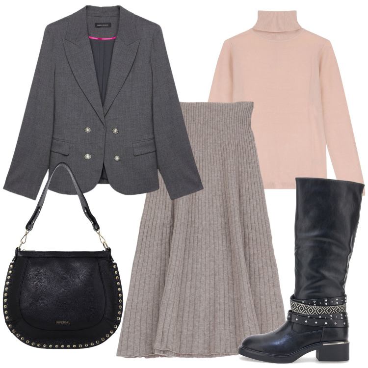 Outfit donna - Gonna midi in maglia. Stile Rock per Tutti i giorni. Abbinamento con maglieria, gonne longuette, borse a spalla, stivali, blazer.