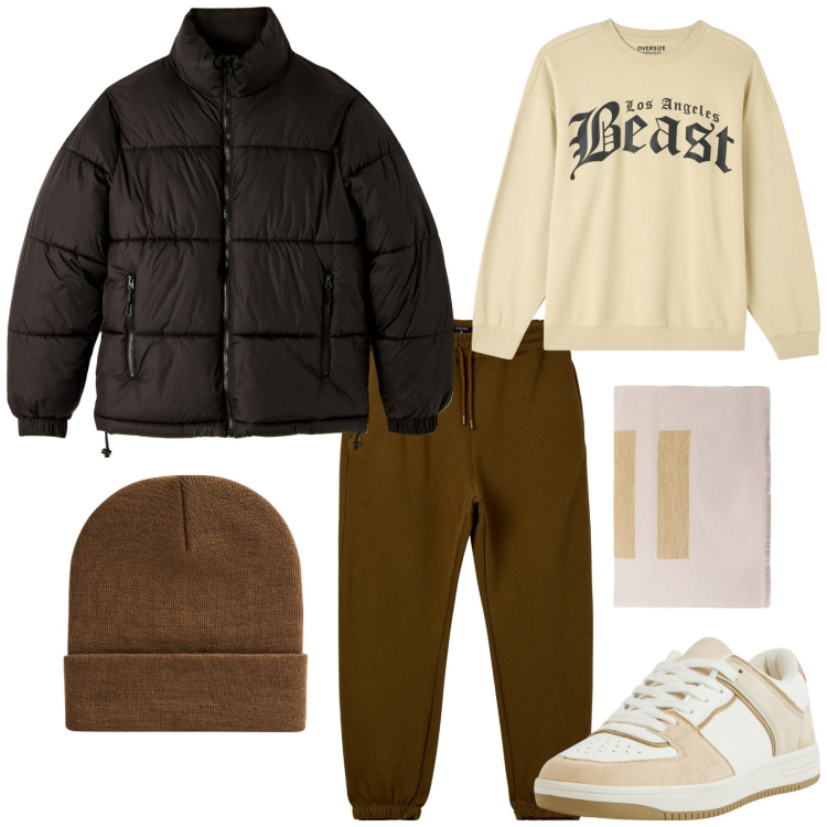 Outfit uomo - Total look #2045176. Stile Casual per Tutti i giorni. Abbinamento con felpe, sneakers, piumini, pantaloni sportivi, berretti, sciarpe e foulard.