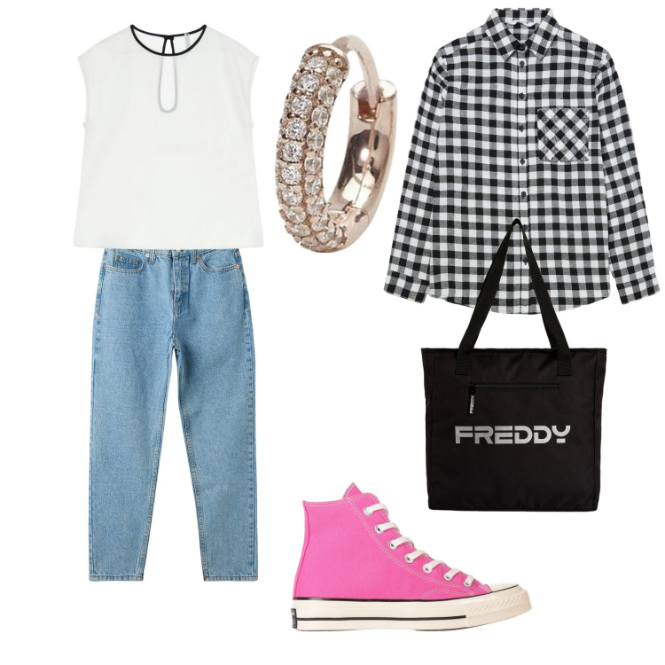 Outfit donna - Gioventù. per Tutti i giorni. Abbinamento con sneakers alte, jeans mom, camicie, orecchini, top, shopping bag.