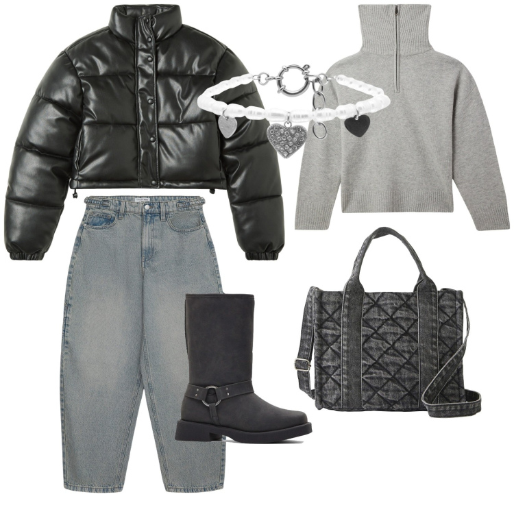 Outfit donna - Total look #2045183. Stile Urban per Tutti i giorni. Abbinamento con borse a mano, stivali, jeans, maglieria, blazer, braccialetti.