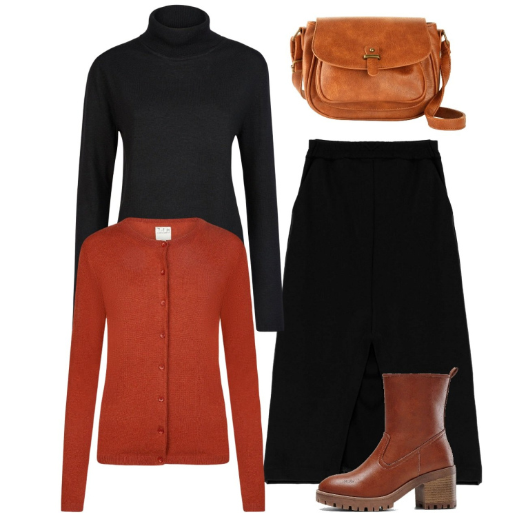 Outfit donna - Arancio carico. Stile Bon Ton per Tutti i giorni. Abbinamento con stivaletti, borse a tracolla, gonne, maglieria, cardigans.