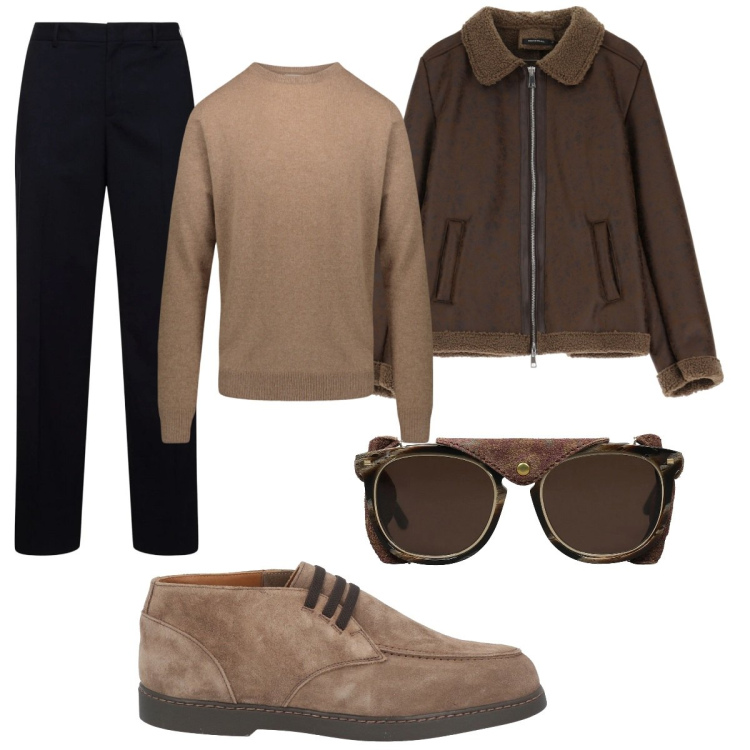 Outfit uomo - Total look #2045189. Stile Trendy per Tutti i giorni. Abbinamento con occhiali da sole, stivali e stivaletti, giacche, maglieria, pantaloni.