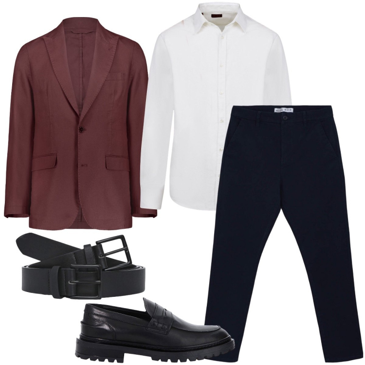 Outfit uomo - Il blazer bordeaux. Stile Business/Elegante per Serata speciale. Abbinamento con pantaloni chino, cinture, scarpe stringate, giacche, camicie.